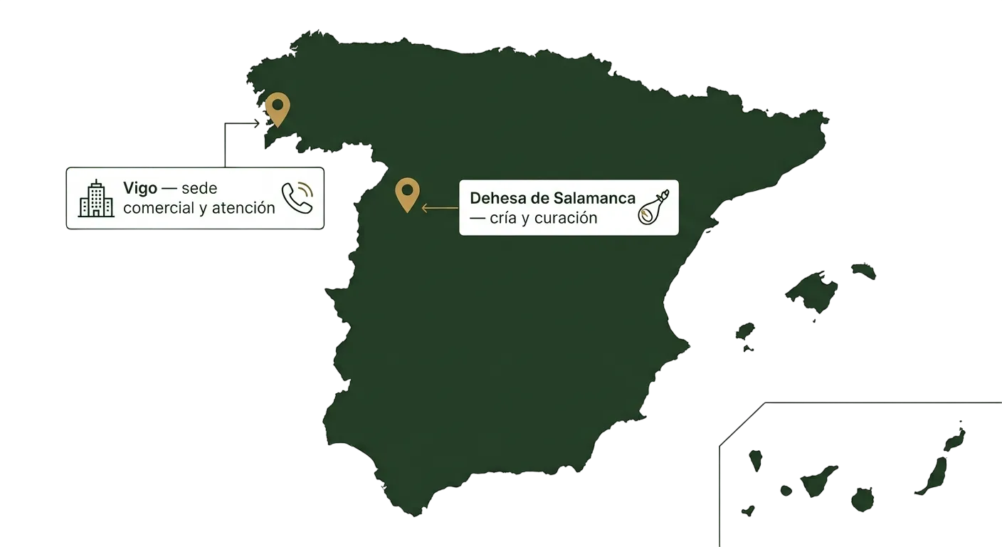 Mapa de España marcando la sede comercial de Montechico en Vigo y la dehesa en Salamanca